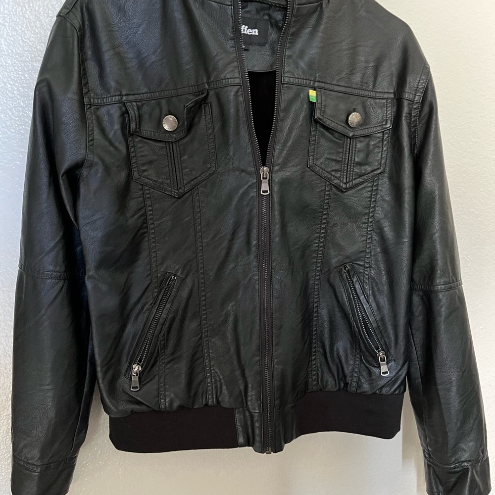 Black Bomber Leather Jacket with Zipper Closure and Stand-Up Collar
